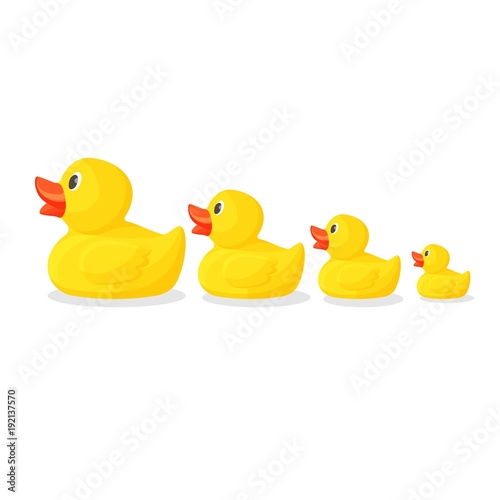 Adorable rubber ducks in row from big to small
