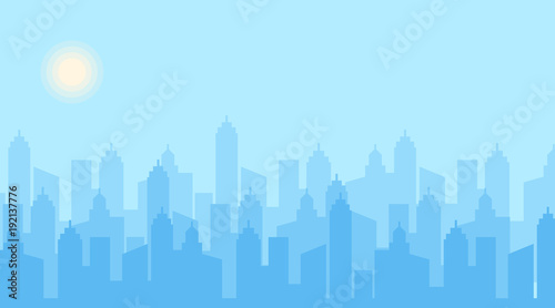City skyline vector illustration. Urban landscape. Blue city silhouette. Cityscape in flat style. Modern city landscape. Cityscape backgrounds. Daytime city skyline. 