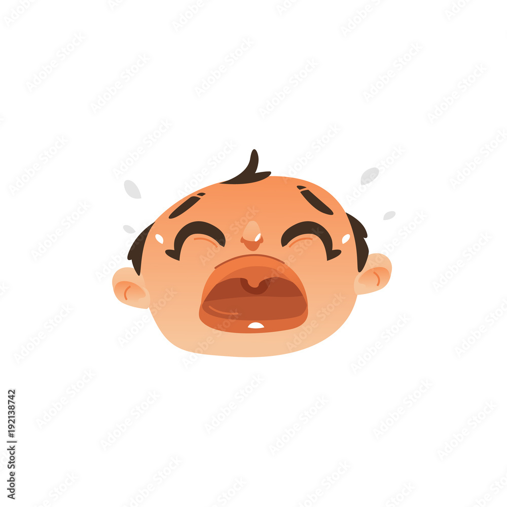 Vector flat baby face with sad facial expression dissapointed unhappy boy kid  crying. Cartoon male funny emotional character portrait open mouth tears  from eye. Isolated illustration, white background Stock Vector | Adobe
