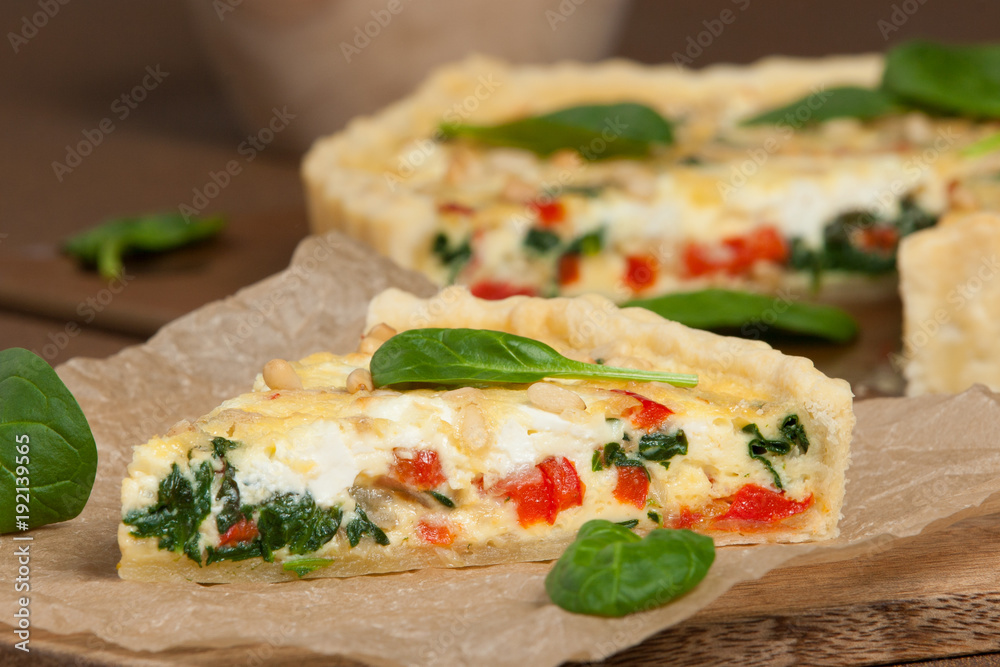Home Baked Quiche With Spinach, Bell Pepper, Feta Cheese. Home Baked Quiche With Spinach, Bell Pepper, Feta Cheese.