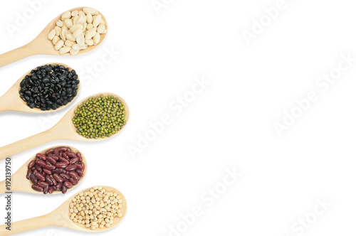 Collection set of beans and sesame on wooden spoons isolated on white background,top view