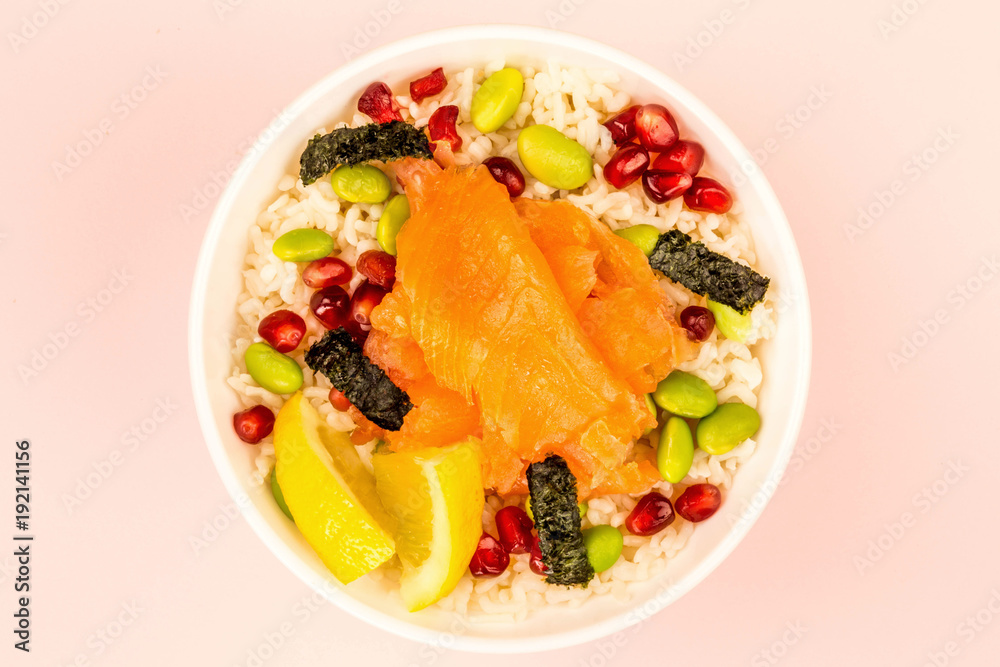 Food Bowl Of Smoked Salmon With Rice Edamame beans Seaweed and Pomegranate Seeds