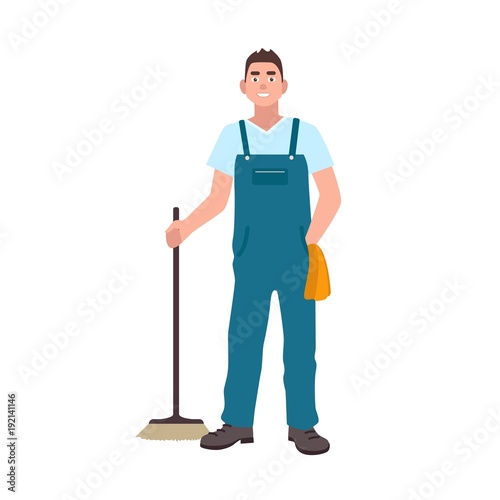 Smiling man dressed in dungarees holding scrubber isolated on white background. Male cleaning service worker with floor brush. Janitor, cleaner or sweeper. Flat cartoon colorful vector illustration.
