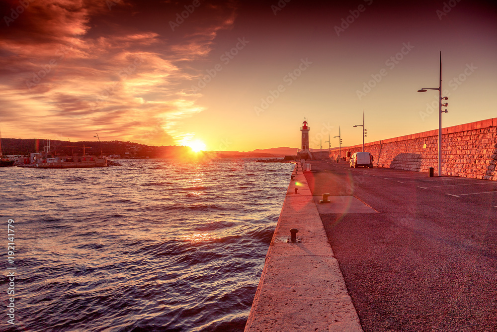 Bright beautiful colorful sunset, Lighthouse in Saint Tropez, France, Cote d Azur, Provence
