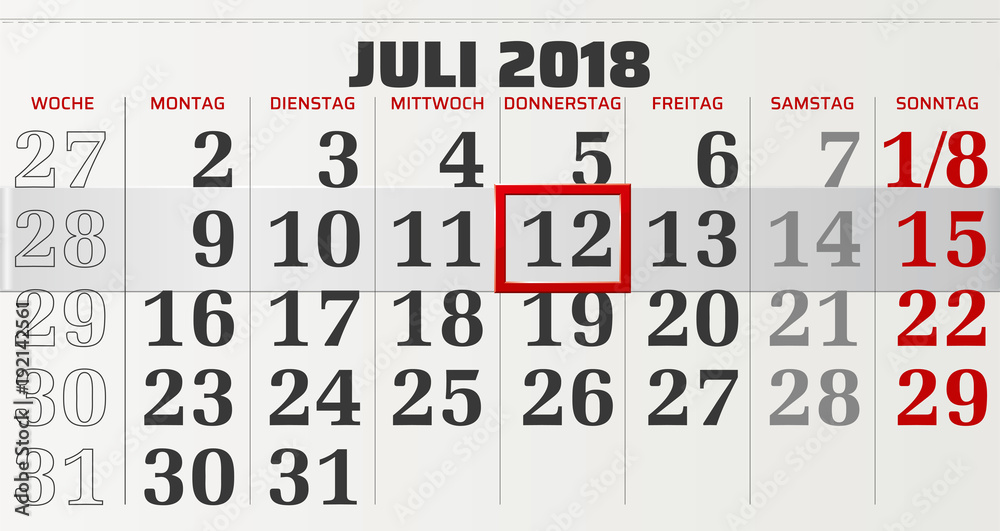Monatskalender Juli 2018 Vektor Grafik mit verschiebbarem roten Rahmen 