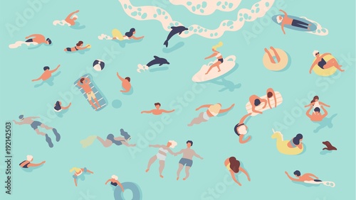 People in sea or ocean performing various activities. Men and women swimming, diving, surfing, lying on floating air mattress and sunbathing, playing with ball. Flat cartoon vector illustration. © Good Studio