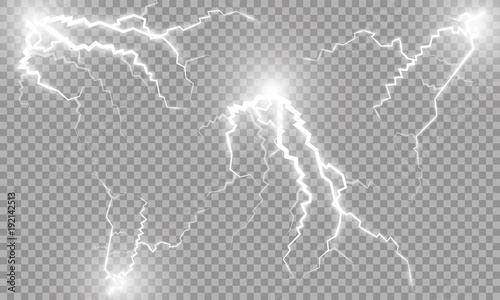 Vector ilustration. The effect of lightning and lighting. Thunder of lightning on a dark blue background. A symbol of natural strength or magic. Light and shine, Abstraction, electricity and explosion