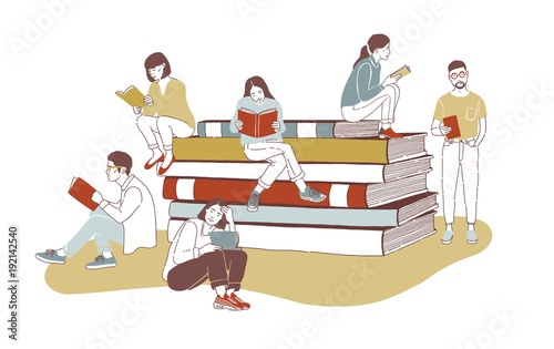 Young stylish male and female readers dressed in trendy apparel sitting on stack of giant books or beside it and reading. Literature fans or lovers. Colored vector illustration in contemporary style.