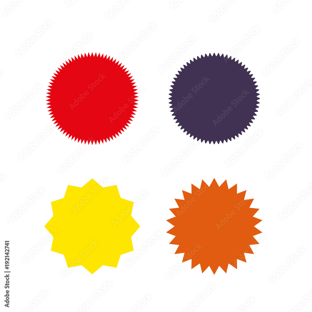Set of vector starburst, sunburst badges. Different color. Simple flat style Vintage labels. Colored stickers.