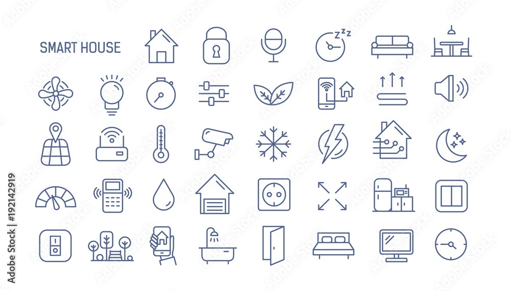 Collection of smart house linear icons - control of lighting, heating, air conditioning. Set of home automation and remote monitoring symbols drawn with thin contour lines. Vector illustration.