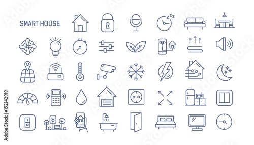 Collection of smart house linear icons - control of lighting, heating, air conditioning. Set of home automation and remote monitoring symbols drawn with thin contour lines. Vector illustration.