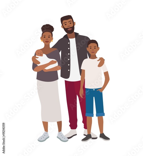 Happy african american family. Father, mother holding newborn child and teenage son standing together. Cute flat cartoon characters isolated on white background. Colorful vector illustration.
