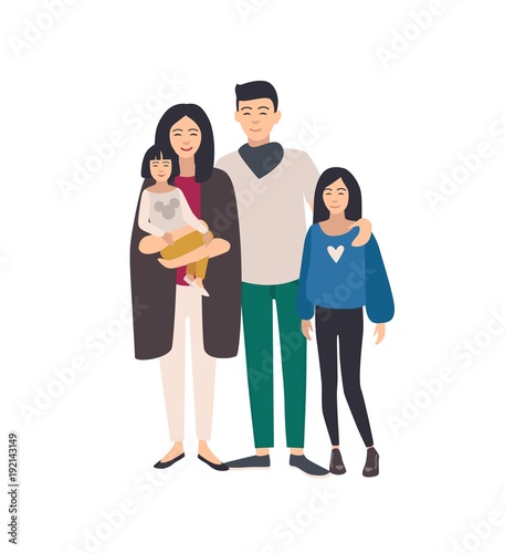 Large loving asian family. Father, mother holding toddler and teenage daughter standing together. Beautiful flat cartoon characters isolated on white background. Colorful vector illustration.