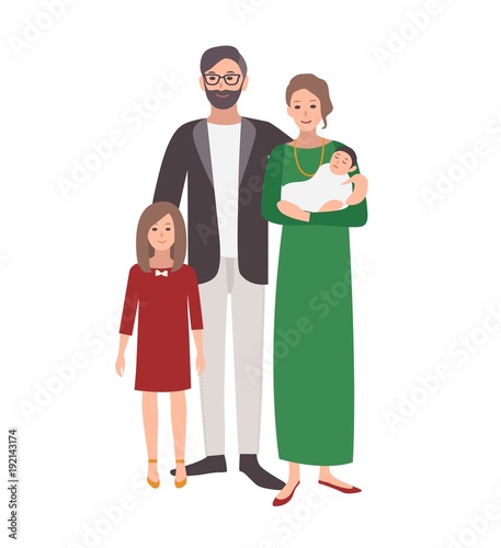 Large european or caucasian family. Father, mother holding baby and teenage d...