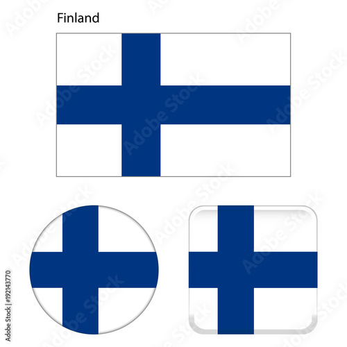 Flag of Finland. Correct proportions, elements, colors. Set of icons, square, button. Vector illustration on white background.