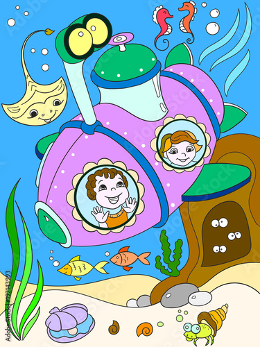 Children exploring the underwater world in a submarine color pages for children cartoon vector