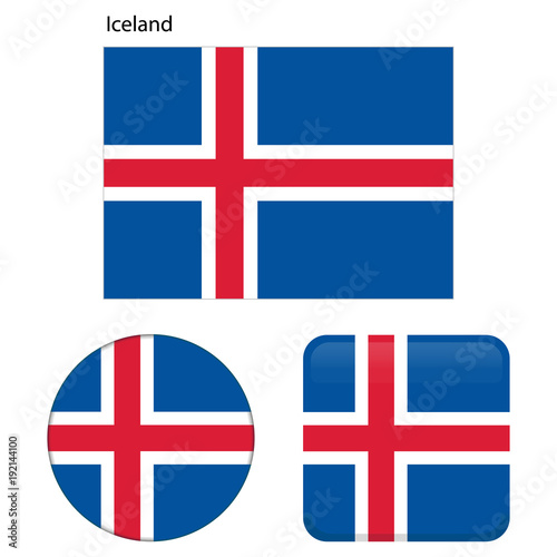 Flag of Iceland. Correct proportions, elements, colors. Set of icons, square, button. Vector illustration on white background.