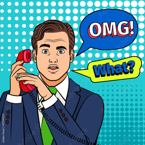 Pop art surprised man with phone