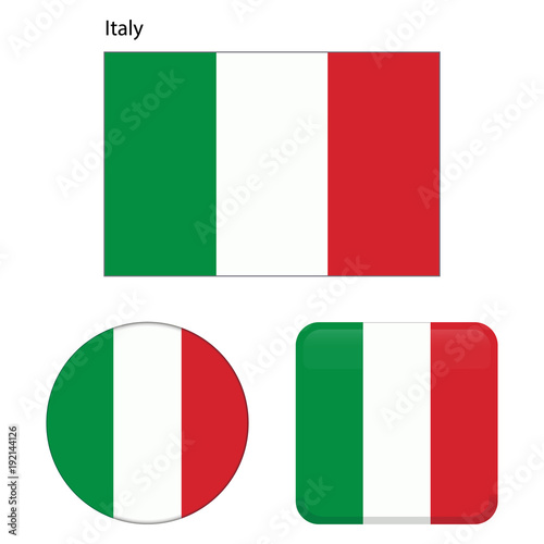 Flag of Italy. Correct proportions, elements, colors. Set of icons, square, button. Vector illustration on white background.