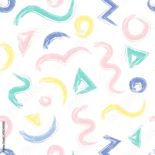 Seamless pattern with pastel geometrics shape, vector memphis paint brush style.