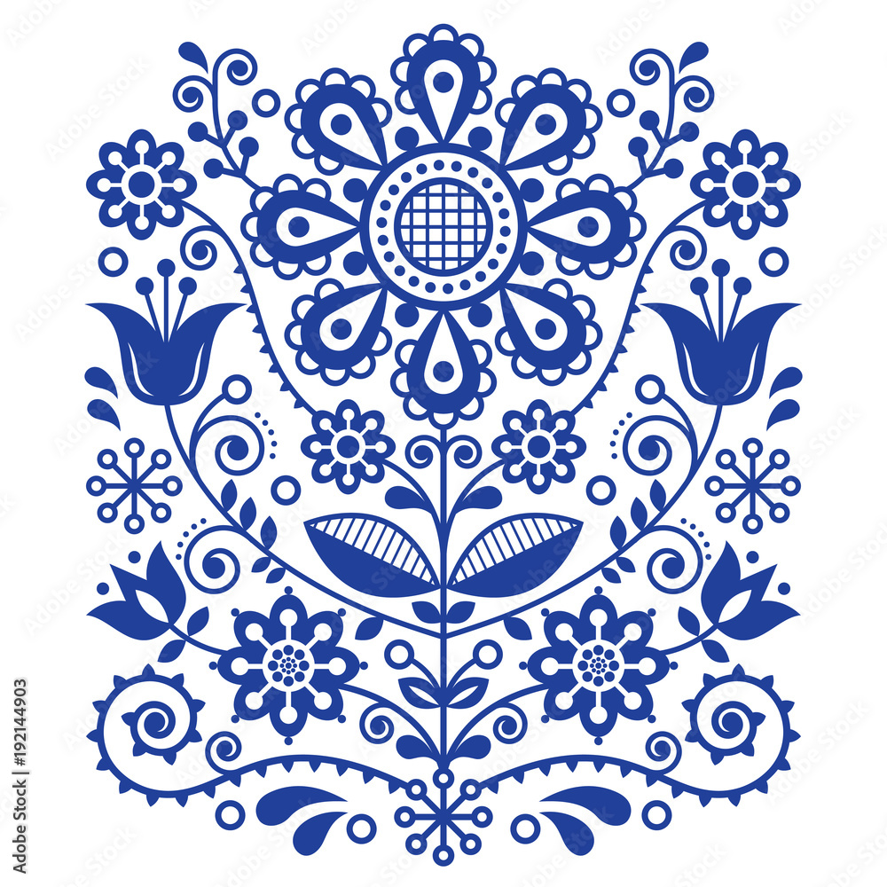 Scandinavian vector folk art pattern, floral retro ornament design, Nordic style ethnic decoration 