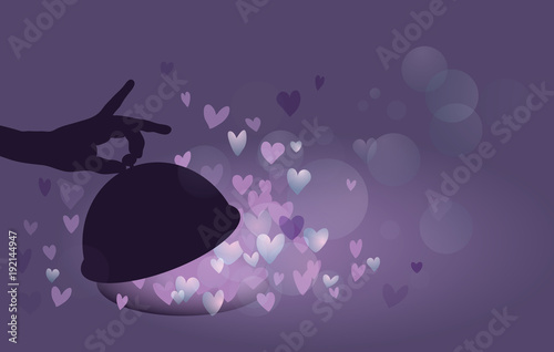 Love at first bite / Romantic violet background full of hearts  