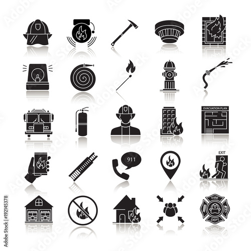 Firefighting drop shadow black glyph icons set