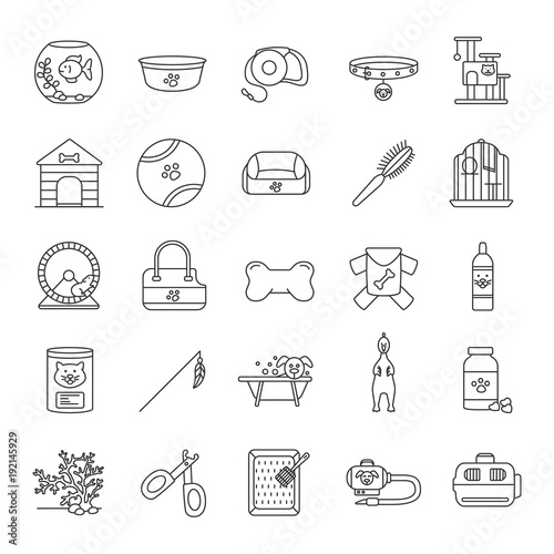Pets supplies linear icons set