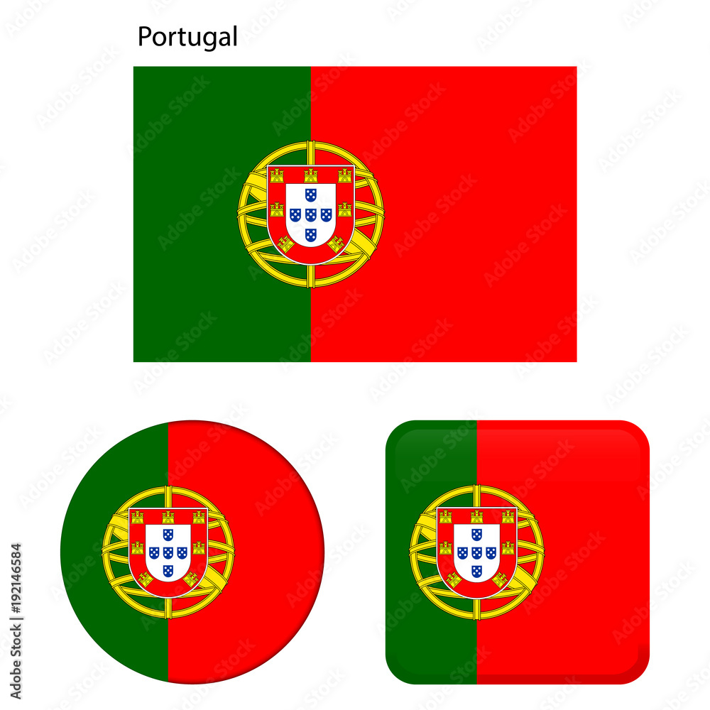 Flag of Portugal. Correct proportions, elements, colors. Set of icons, square, button. Vector illustration on white background.