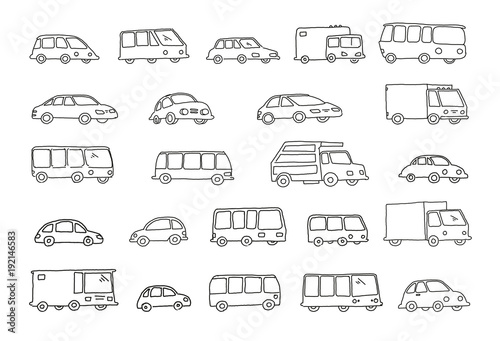 Set of sketch different transparent cars buses and trucks Hand drawn black line vector stock illustration.