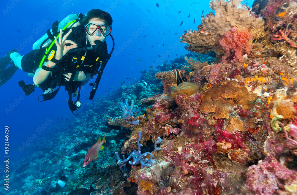 Young woman scuba diver exploring coral reef Young woman scuba diver exploring coral reef