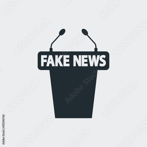 Icono plano atril con FAKE NEWS en fondo gris