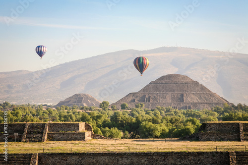 Hot air ballons over teh pyramids of Teotihuacan in Mexico photo