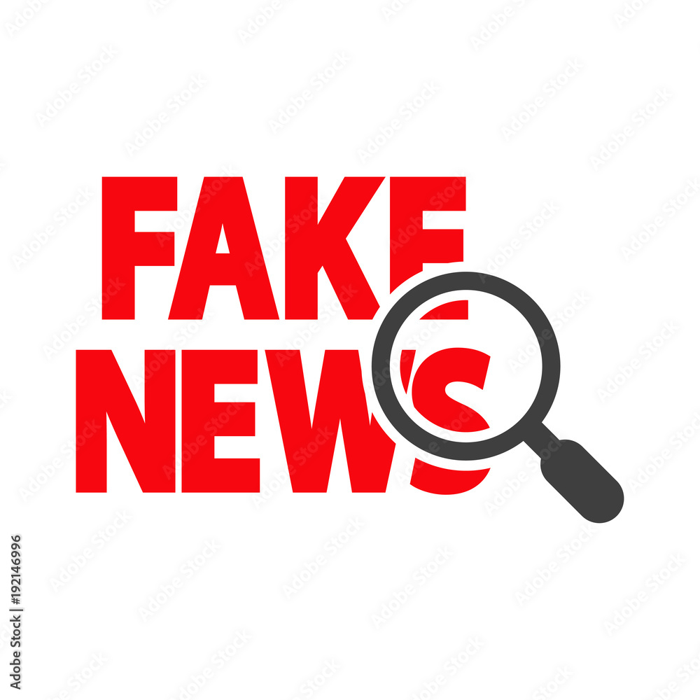 Icono plano FAKE NEWS con lupa en rojo y gris Icono plano FAKE NEWS con lupa en rojo y gris