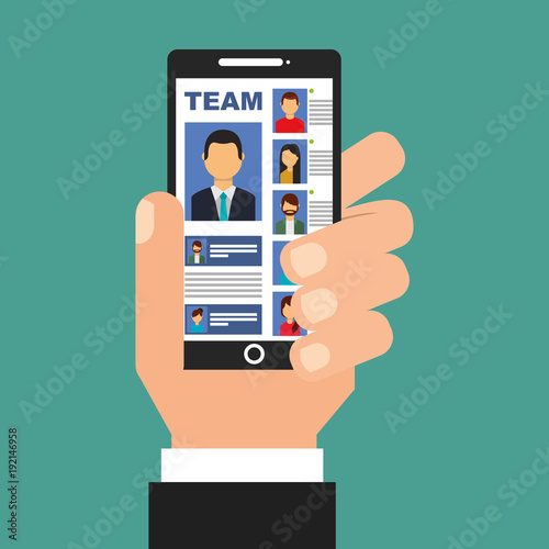 hand holding smartphone with team in screen people vector illustration