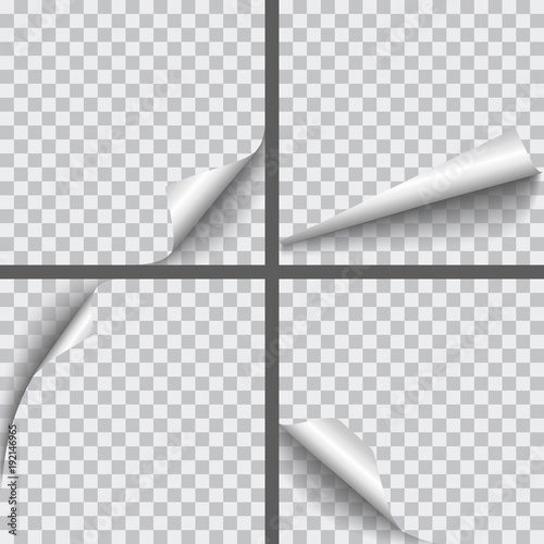Set of vector realistic paper curled corners with shadows isolated on transparent background