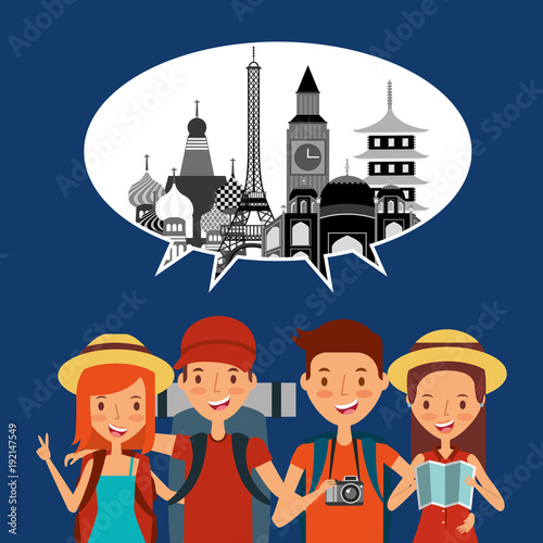 group of tourists in the vacations speech bubble and monuments