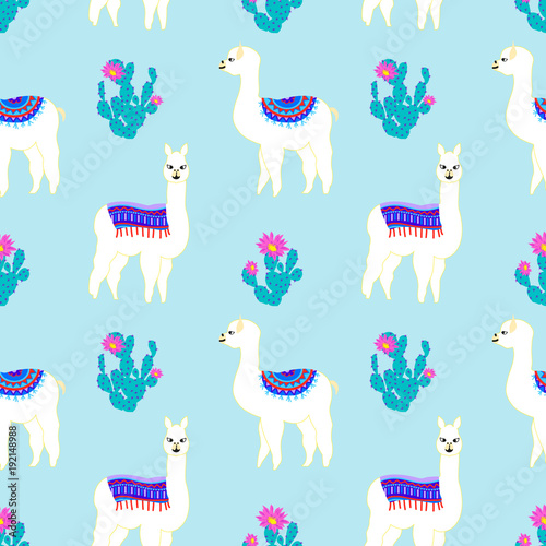 Seamless pattern with cute llama, castus and flower. Vector abstract background for kid. Hand drawn lama design with sweet cacti.