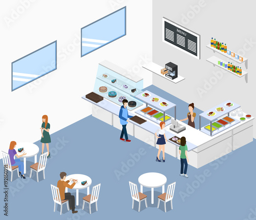 Isometric 3D vector illustration concept of confectionery or canteen with visitors