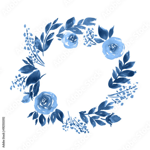 Watercolor wreath of roses. Hand painted floral composition in indigo blue