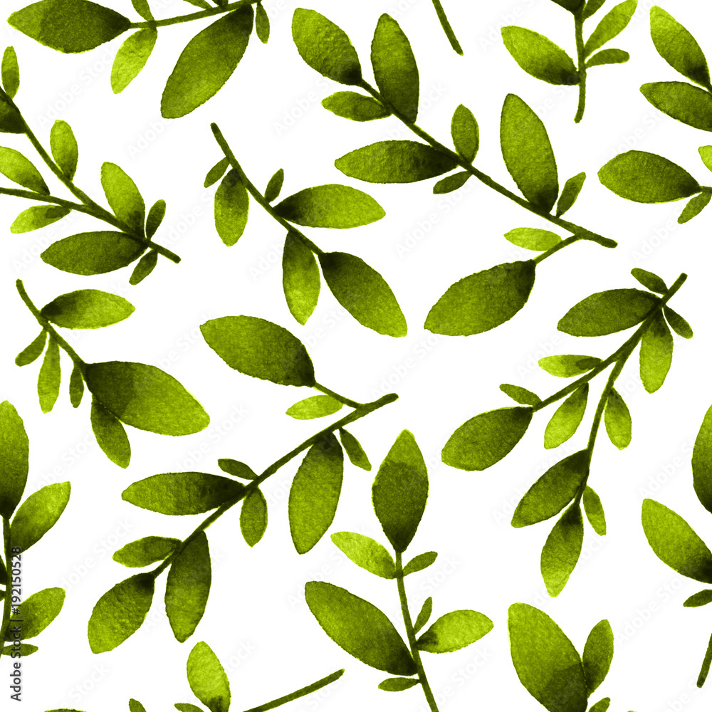 Hand painted green leaves. Seamless watercolor pattern