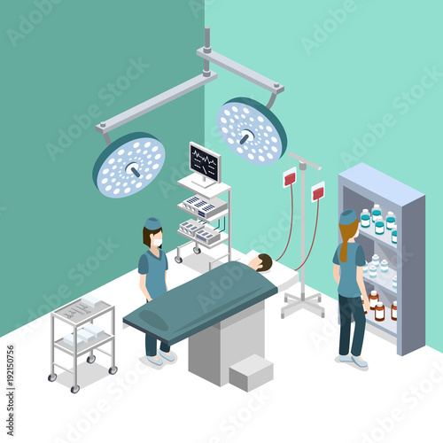 Isometric 3D vector illustration surgeon operates on the patient