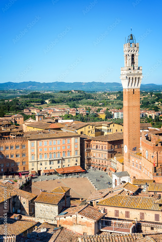 Cityscape of Siena, aerial view with the Torre del Mangia, Tuscany, Italy