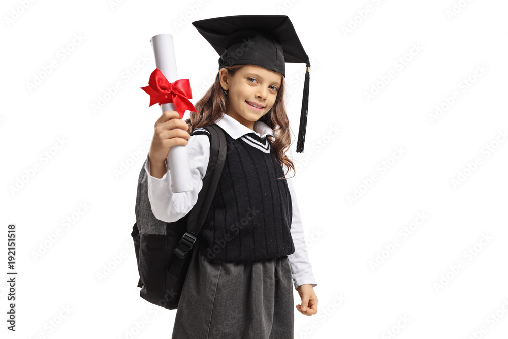Little schoolgirl with a graduation hat and a diploma Little schoolgirl with a graduation hat and a diploma