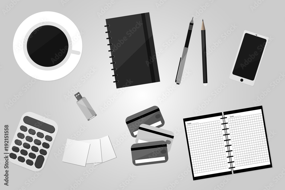 Top View of Workplace with Business Work Flow Items and Gadgets. Flat design vector illustration Top View of Workplace with Business Work Flow Items and Gadgets. Flat design vector illustration