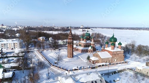 View from the height of the temple complex in winter. Zlatoust Church and Vladimir Church. Yaroslavl, Korovniki. photo