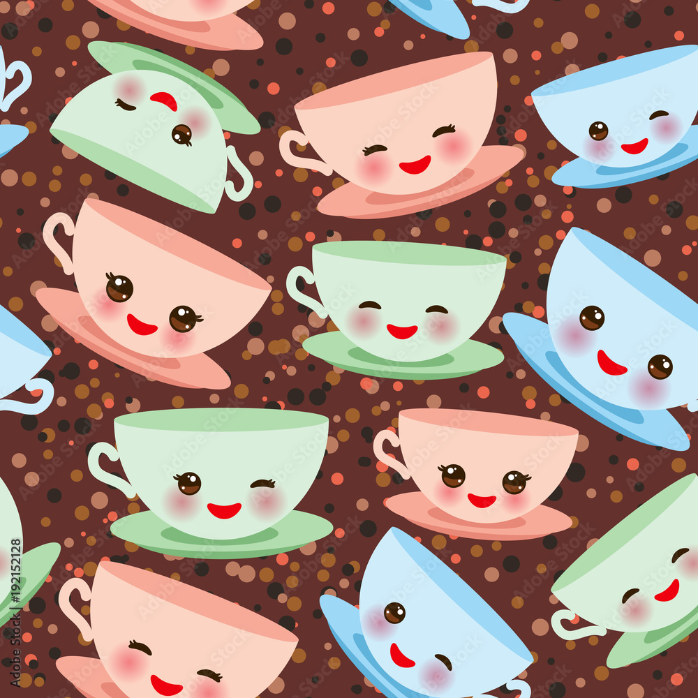 Seamless pattern Cute blue pink green Kawai cup, coffee tea with pink ...