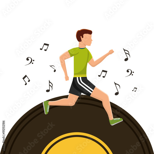 sport man running vinyl disk music note vector illustration