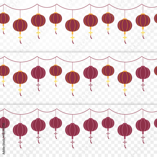 Set of traditional red Chinese paper lantern hanging on ropes. Seamless pattern. Spring Festival. Happy Lunar New Year concept. Flat design. Vector illustration