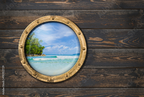 ship or boat porthole on wooden wall 3d illustration